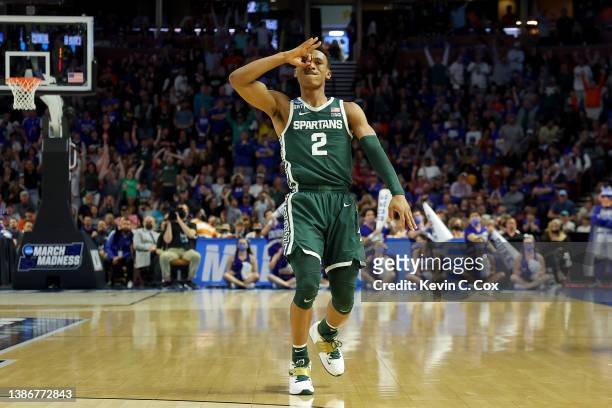 Tyson Walker of the Michigan State Spartans reacts after a three point basket against the Duke Blue Devils in the second half during the second round...