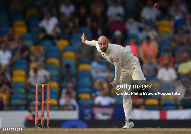 Jack Leach of England bowls as the second Test against West Indies heads for a draw at Kensington Oval on March 20, 2022 in Bridgetown, Barbados.