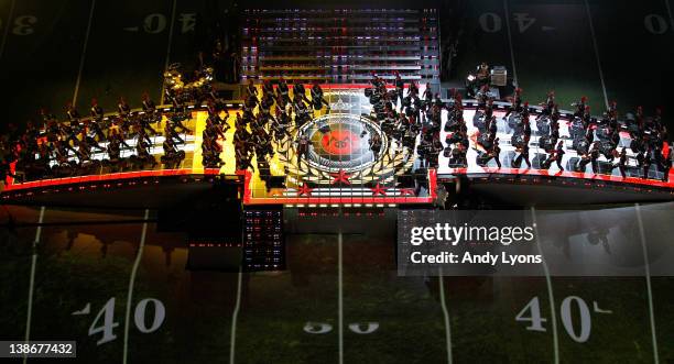 Madonna and Cee Lo Green perform during the Bridgestone Super Bowl XLVI Halftime Show at Lucas Oil Stadium on February 5, 2012 in Indianapolis,...