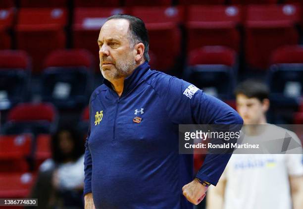 Head coach Mike Brey of the Notre Dame Fighting Irish looks on during the first half against the Texas Tech Red Raiders in the second round game of...