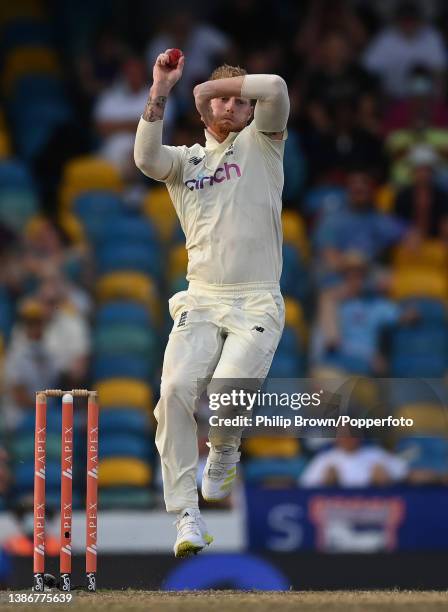 Ben Stokes of England bowlsl during the second Test against West Indies at Kensington Oval on March 20, 2022 in Bridgetown, Barbados.