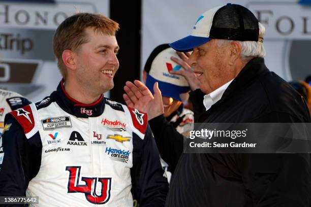 William Byron, driver of the Liberty University Chevrolet, is congratulated by Hendrick Motorsports owner Rick Hendrick in victory lane after winning...