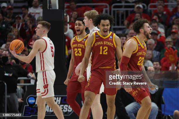 Gabe Kalscheur of the Iowa State Cyclones celebrates with teammates after a basket during the second half against the Wisconsin Badgers in the second...