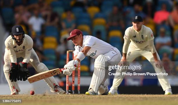 Joshua Da Silva of West Indies bats during the second Test against England at Kensington Oval on March 20, 2022 in Bridgetown, Barbados.