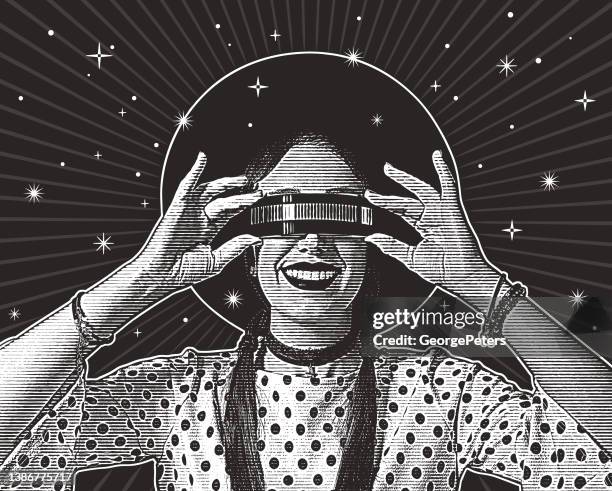 young woman using virtual reality simulator - virtual headset stock illustrations