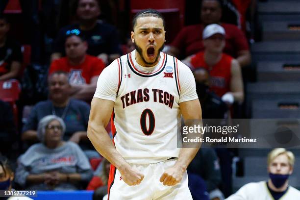 Kevin Obanor of the Texas Tech Red Raiders reacts during the first half against the Notre Dame Fighting Irish in the second round game of the 2022...