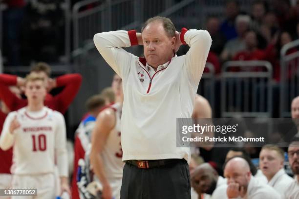 Head coach Greg Gard of the Wisconsin Badgers reacts during the second half against the Iowa State Cyclones in the second round of the 2022 NCAA...
