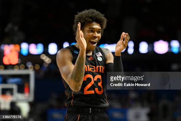 Kameron McGusty of the Miami Hurricanes reacts in the first half against the Auburn Tigers during the second round of the 2022 NCAA Men's Basketball...
