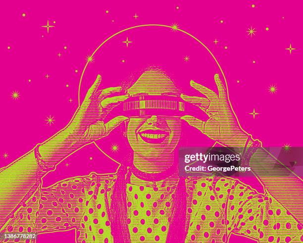 young woman using virtual reality simulator - virtual headset stock illustrations