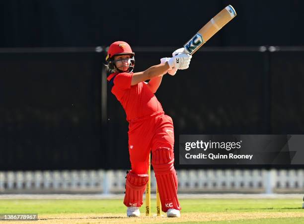 Bridget Patterson of South Australia bats during the WNCL match between Victoria and South Australia at Junction Oval on March 21, 2022 in Melbourne,...