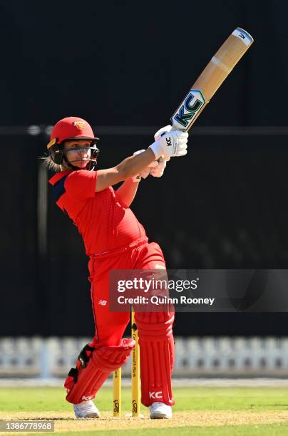 Bridget Patterson of South Australia bats during the WNCL match between Victoria and South Australia at Junction Oval on March 21, 2022 in Melbourne,...