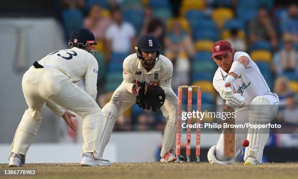 Joshua Da Silva of West Indies bats during the second Test against England at Kensington Oval on March 20, 2022 in Bridgetown, Barbados.