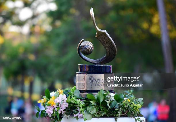The trophy is displayed on the 18th green after the final round of the Valspar Championship on the Copperhead Course at Innisbrook Resort and Golf...