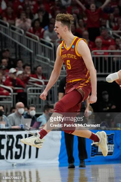 Aljaz Kunc of the Iowa State Cyclones celebrates after defeating the Wisconsin Badgers 53-48 in the second round of the 2022 NCAA Men's Basketball...