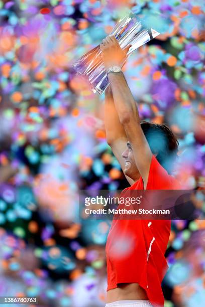 Taylor Fritz celebrates his win against Rafael Nadal of Spain during the men's final of the BNP Paribas Open at the Indian Wells Tennis Garden on...