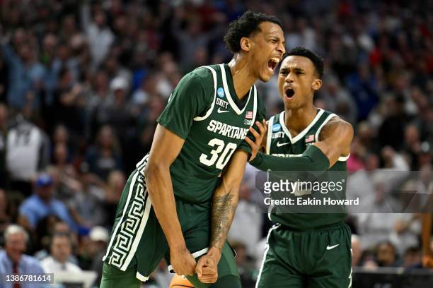 Marcus Bingham Jr. #30 of the Michigan State Spartans reacts in the second half against the Duke Blue Devils during the second round of the 2022 NCAA...