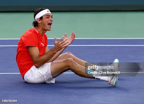 Taylor Fritz of the United States celebrates match point against Rafael Nadal of Spain in the me's Final on Day 14 of the BNP Paribas Open at the...