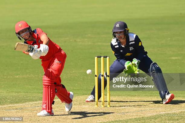 Bridget Patterson of South Australia bats during the WNCL match between Victoria and South Australia at Junction Oval on March 21, 2022 in Melbourne,...