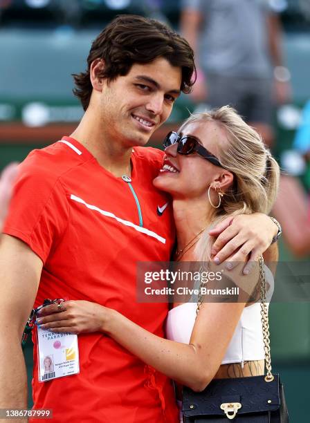 Taylor Fritz of the United States with his girlfriend Morgan Riddle after his straight sets victory against Rafael Nadal of Spain in the men's Final...