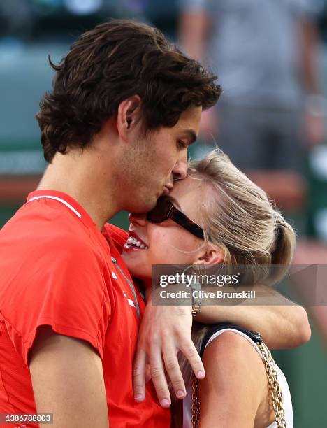 Taylor Fritz of the United States with his girlfriend Morgan Riddle after his straight sets victory against Rafael Nadal of Spain in the men's Final...
