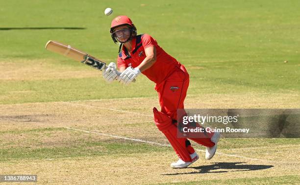 Bridget Patterson of South Australia bats during the WNCL match between Victoria and South Australia at Junction Oval on March 21, 2022 in Melbourne,...