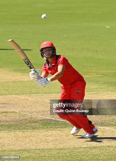 Bridget Patterson of South Australia bats during the WNCL match between Victoria and South Australia at Junction Oval on March 21, 2022 in Melbourne,...