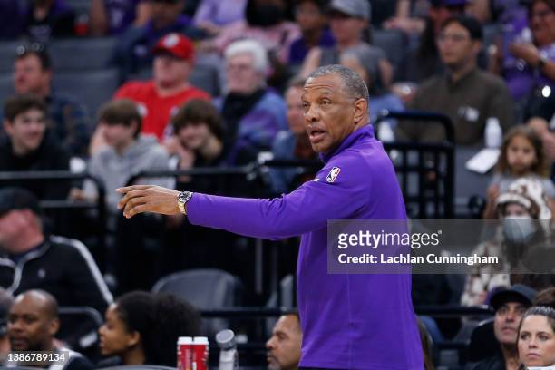 Head coach Alvin Gentry of the Sacramento Kings directs play in the first quarter against the Phoenix Suns at Golden 1 Center on March 20, 2022 in...