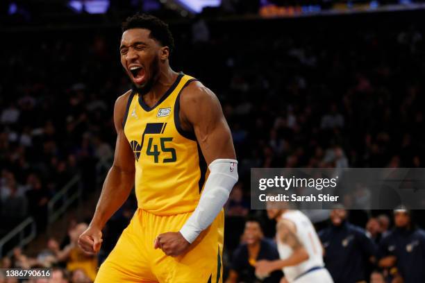 Donovan Mitchell of the Utah Jazz reacts after a dunk during the second half against the New York Knicks at Madison Square Garden on March 20, 2022...