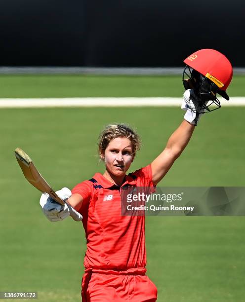 Bridget Patterson of South Australia celebrates reaching her century during the WNCL match between Victoria and South Australia at Junction Oval on...