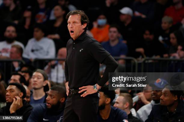 Head coach Quin Snyder of the Utah Jazz reacts during the first half against the Utah Jazz at Madison Square Garden on March 20, 2022 in New York...