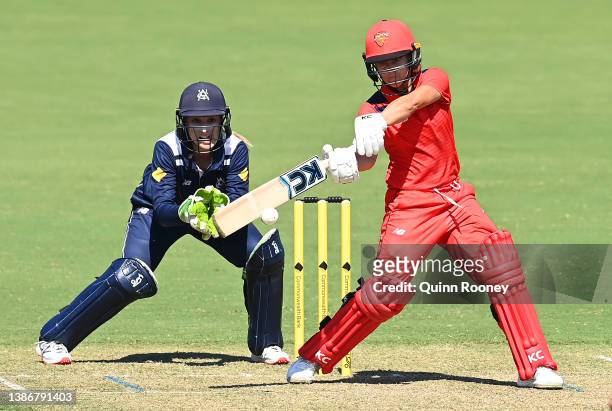 Bridget Patterson of South Australia bats during the WNCL match between Victoria and South Australia at Junction Oval on March 21, 2022 in Melbourne,...