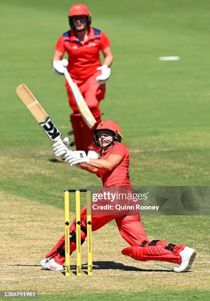 Bridget Patterson of South Australia bats during the WNCL match between Victoria and South Australia at Junction Oval on March 21, 2022 in Melbourne,...