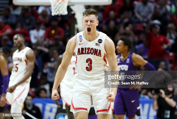 Pelle Larsson of the Arizona Wildcats reacts after a basket during the first half against the TCU Horned Frogs in the second round game of the 2022...