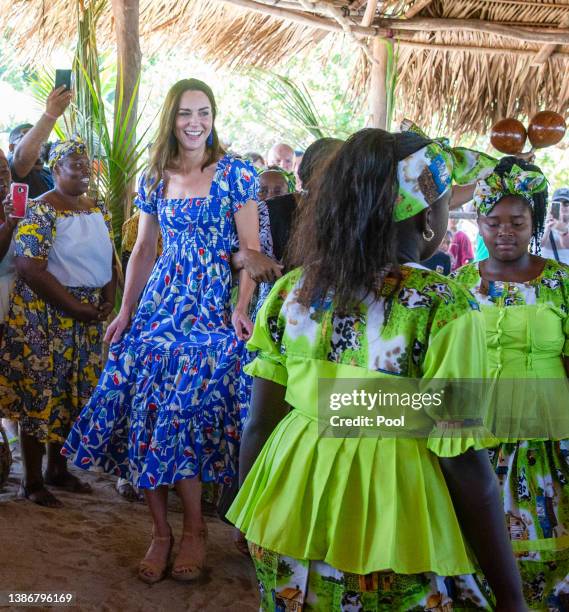 Catherine, Duchess of Cambridge visits Hopkins, a small village on the coast which is considered the cultural centre of the Garifuna community in...