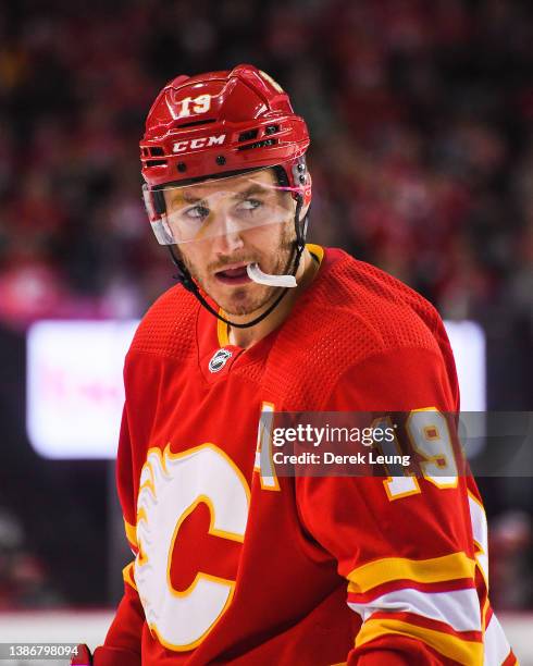 Matthew Tkachuk of the Calgary Flames in action against the Detroit Red Wings during the third period of an NHL game at Scotiabank Saddledome on...