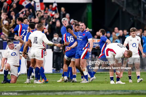 France Rugby players celebrates after winning England during the Guinness Six Nations Rugby match between France and England at Stade de France on...