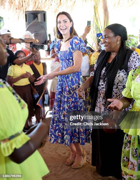 Catherine, Duchess of Cambridge dances during a traditional Garifuna festival on the second day of a Platinum Jubilee Royal Tour of the Caribbean on...