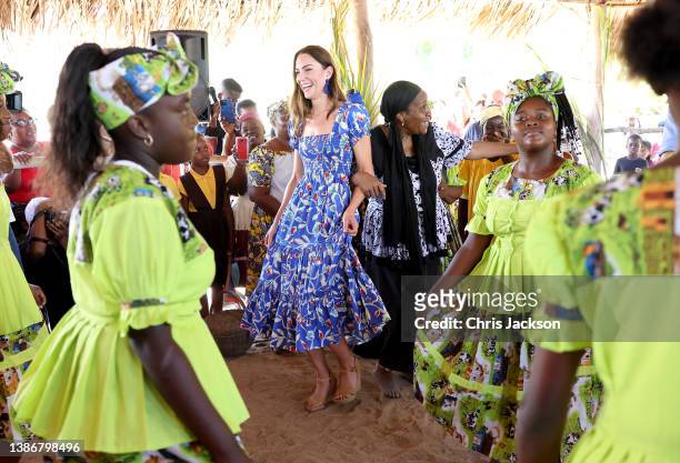 Catherine, Duchess of Cambridge dances during a traditional Garifuna festival on the second day of a Platinum Jubilee Royal Tour of the Caribbean on...