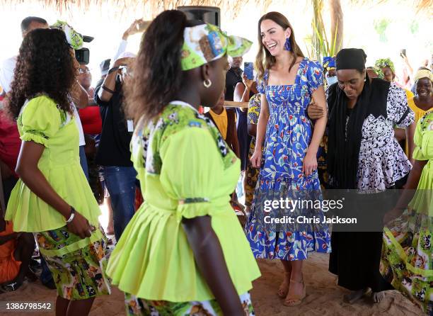 Catherine, Duchess of Cambridge dances during a traditional Garifuna festival on the second day of a Platinum Jubilee Royal Tour of the Caribbean on...