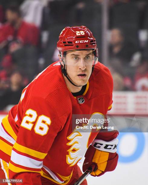 Michael Stone of the Calgary Flames in action against the Detroit Red Wings during the third period of an NHL game at Scotiabank Saddledome on March...