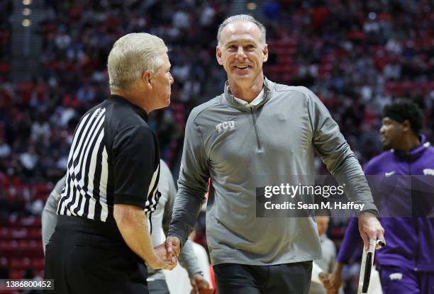 Head coach Jamie Dixon of the TCU Horned Frogs reacts during the first half against the Arizona Wildcats in the second round game of the 2022 NCAA...