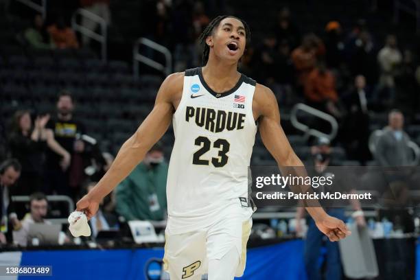 Jaden Ivey of the Purdue Boilermakers celebrates after defeating the Texas Longhorns 81-71 in the second round of the 2022 NCAA Men's Basketball...