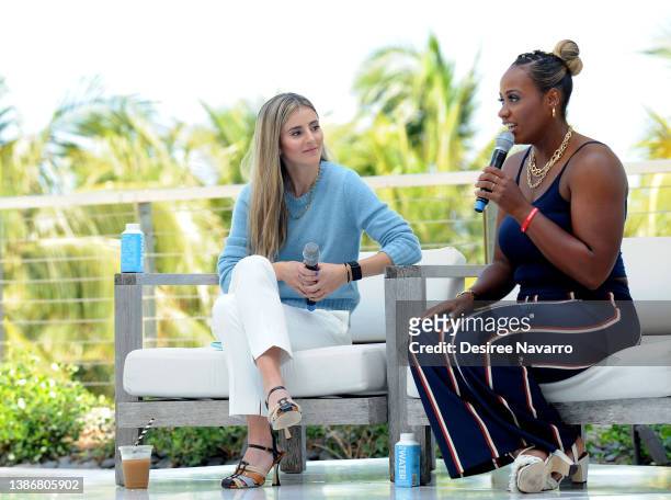 Former tennis player CiCi Bellis and professional tennis player Taylor Townsend speak on stage during a panel discussion at the Break The Love and...