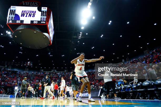 Dalen Terry of the Arizona Wildcats celebrates after defeating the TCU Horned Frogs 85-80 during overtime in the second round game of the 2022 NCAA...