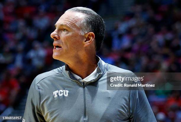 Head coach Jamie Dixon of the TCU Horned Frogs reacts during the first half against the Arizona Wildcats in the second round game of the 2022 NCAA...