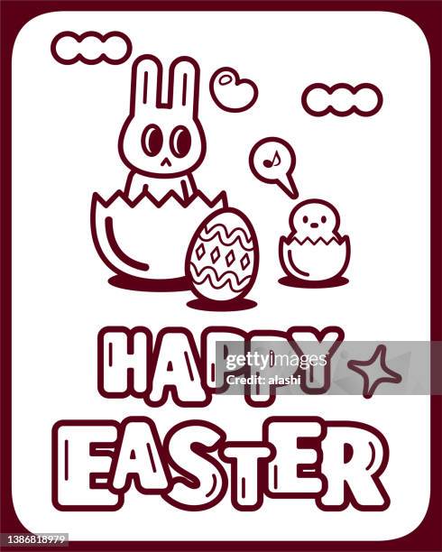 happy easter handwriting text and easter eggs and a bunny and a baby chick hatching out of his egg - easter bunny letter stock illustrations