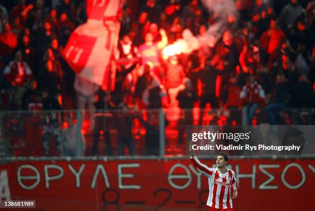 Kevin Mirallas of Olympiacos celebrates after scoring his team's second goal during the Superleague match between Olympiacos Piraeus and AEK Athens...