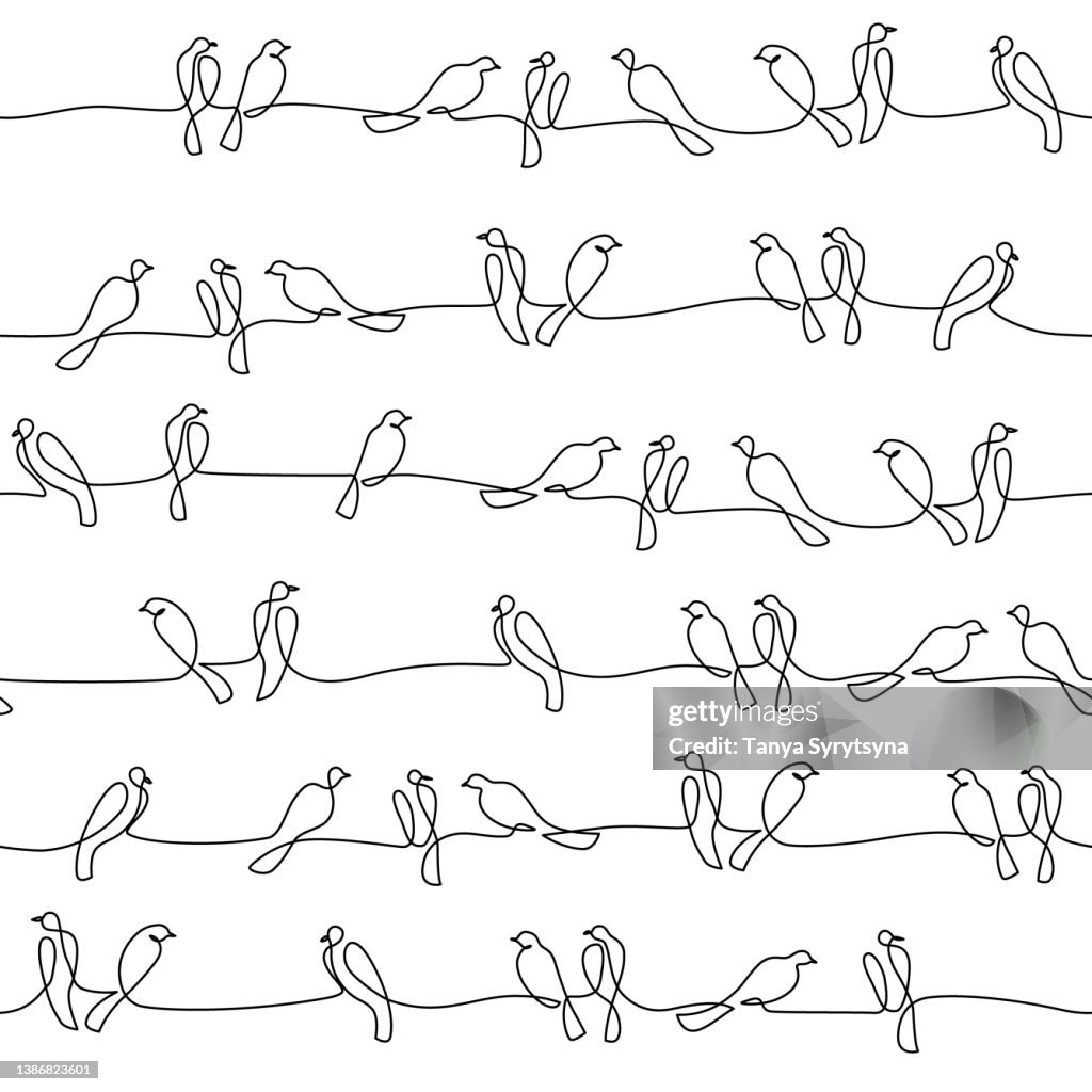 Patterned Single Line Abstract Birds On Branches Seamless Pattern In Continuous One Line ...