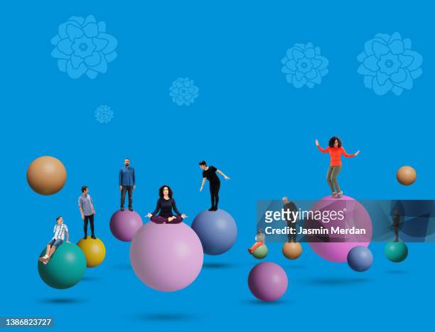 people different ages and races on spheres - sports ball pattern stock pictures, royalty-free photos & images