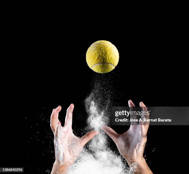 hands of a tennis player catching a ball. - ballon rebond stock-fotos und bilder